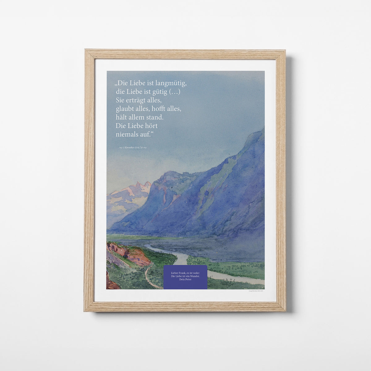 Die Liebe hört niemals auf – Motiv I – Poster mit Rahmen Eiche – Segensposter 16